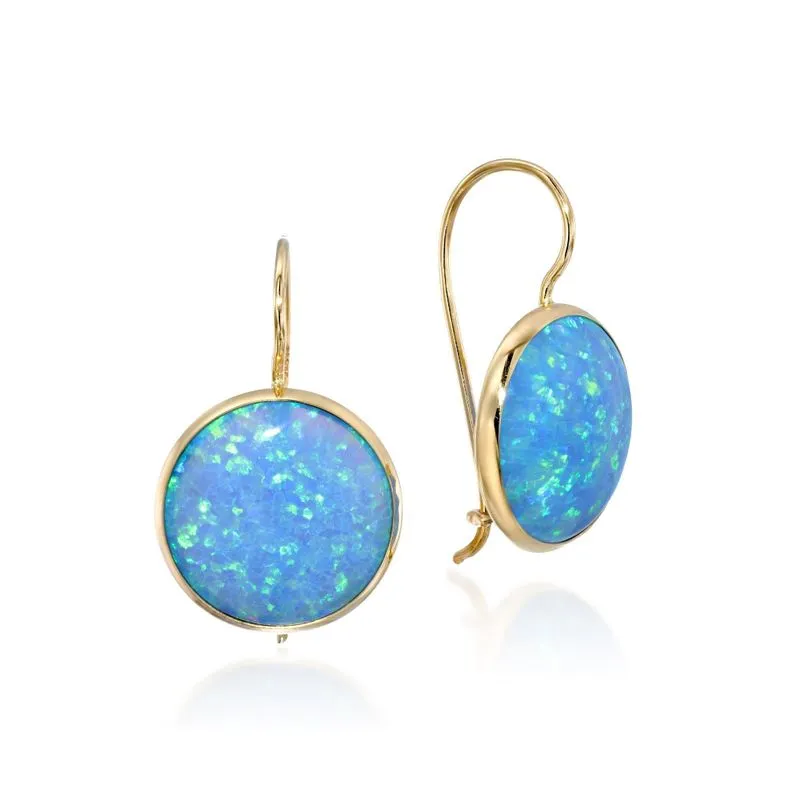 14K Yellow Gold Round Blue Opal 12mm Dangle Earrings