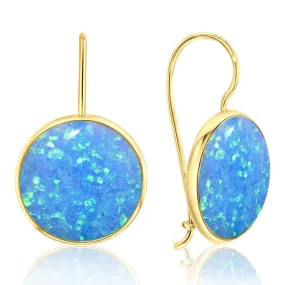 14K Yellow Gold Round Blue Opal 12mm Dangle Earrings