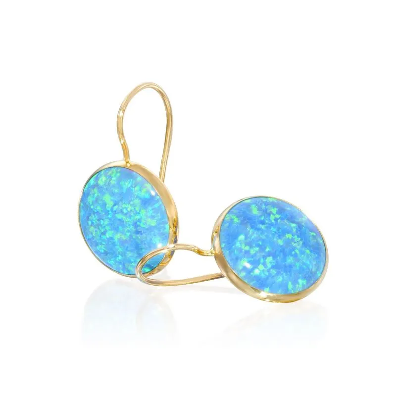 14K Yellow Gold Round Blue Opal 12mm Dangle Earrings