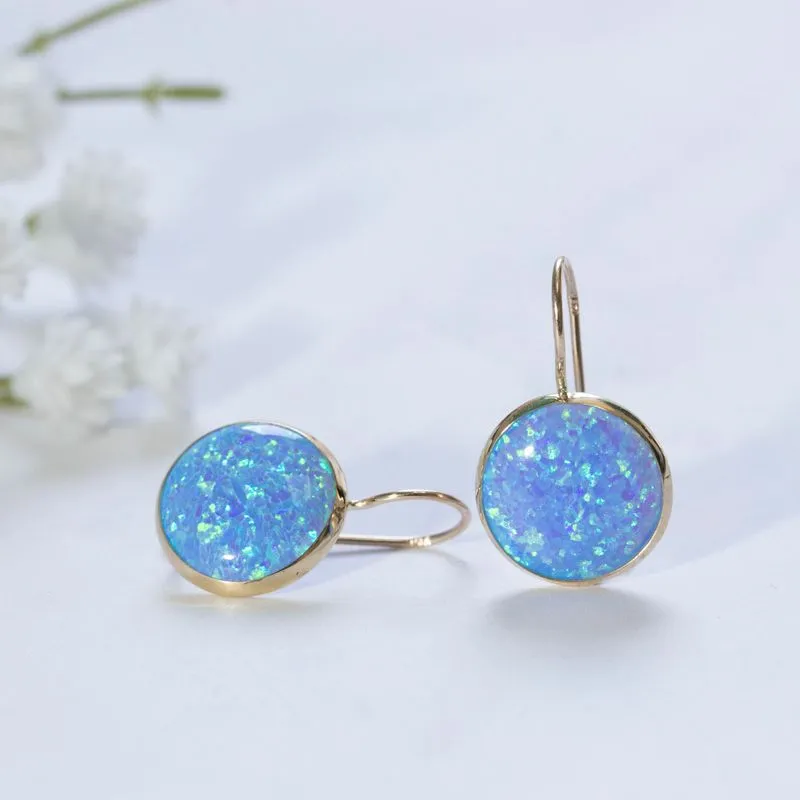 14K Yellow Gold Round Blue Opal 12mm Dangle Earrings