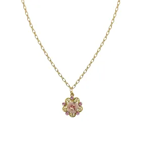 1928 Bridal Pink Crystal And Porcelain Rose Filigree Pendant Necklace 16"   3" Extender