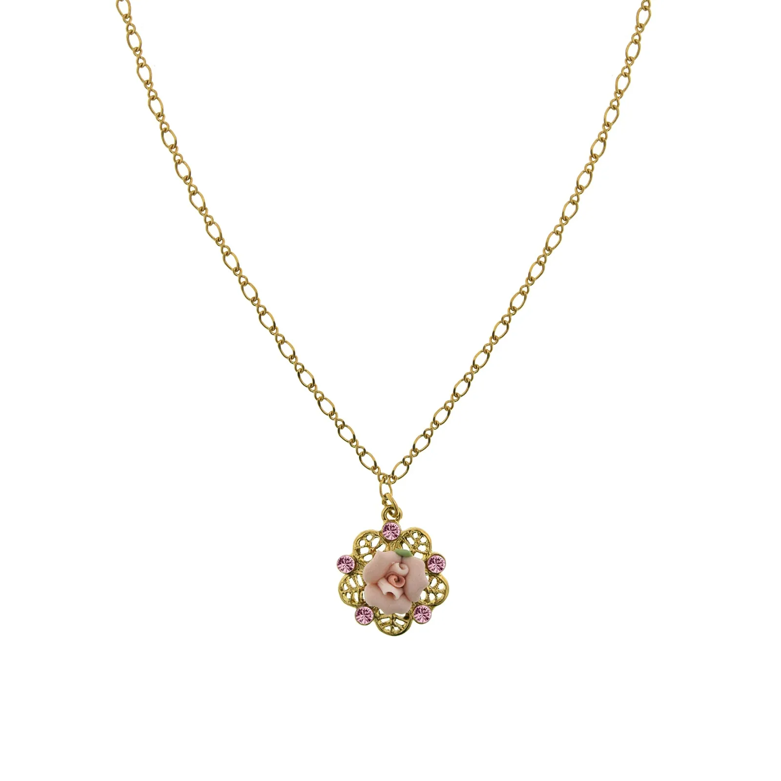 1928 Bridal Pink Crystal And Porcelain Rose Filigree Pendant Necklace 16"   3" Extender