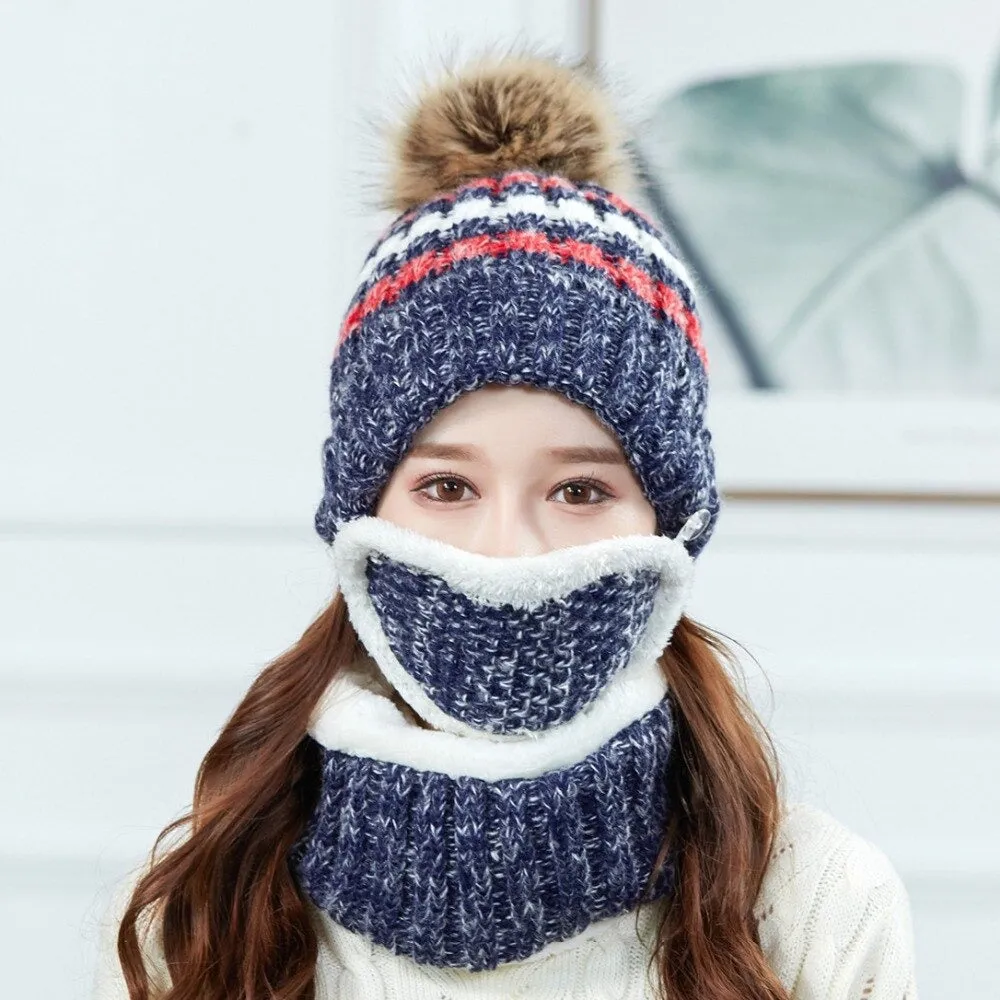 3 Pcs/set With Mask Faux Fur Pompoms Outdoor Knitted Woolen Warm Winter Cap