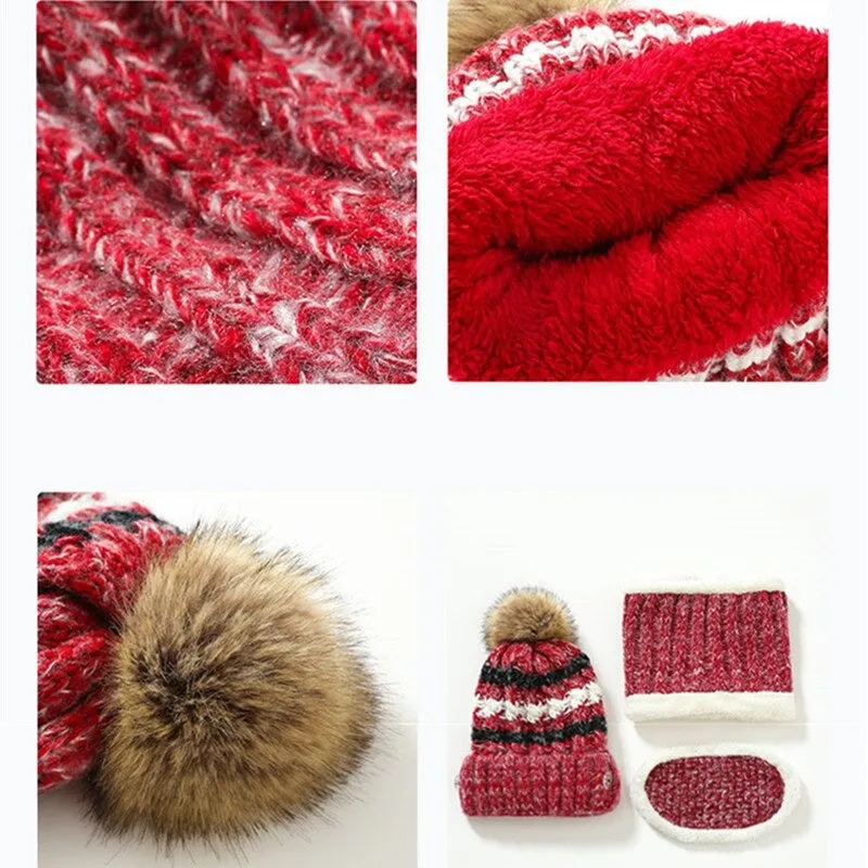 3 Pcs/set With Mask Faux Fur Pompoms Outdoor Knitted Woolen Warm Winter Cap