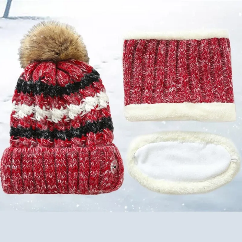 3 Pcs/set With Mask Faux Fur Pompoms Outdoor Knitted Woolen Warm Winter Cap