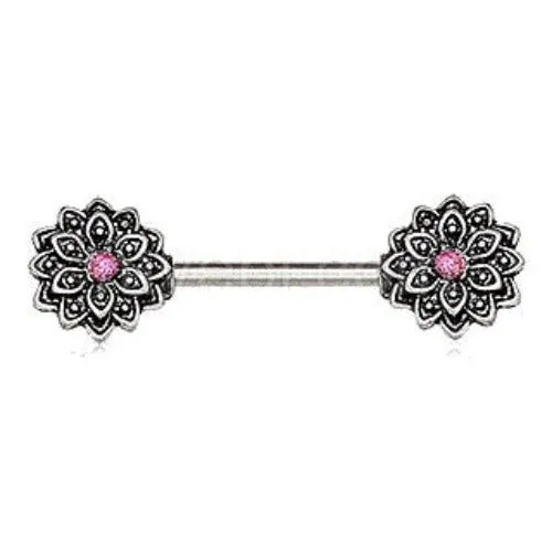 316L Stainless Steel Pink Synthetic Opal Lotus Flower Nipple Bar