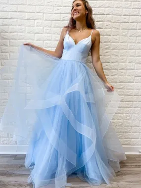 A Line V Neck Blue/Pink Tulle Long Prom Dresses,  V Neck Blue/Pink Tulle Long Formal Evening Dresses