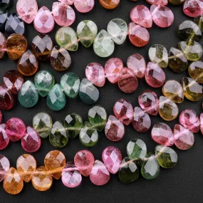 AAA Faceted Tourmaline Teardrop Briolette Beads Natural Multicolor Watermelon Pink Green Yellow Gemstone 16" Strand