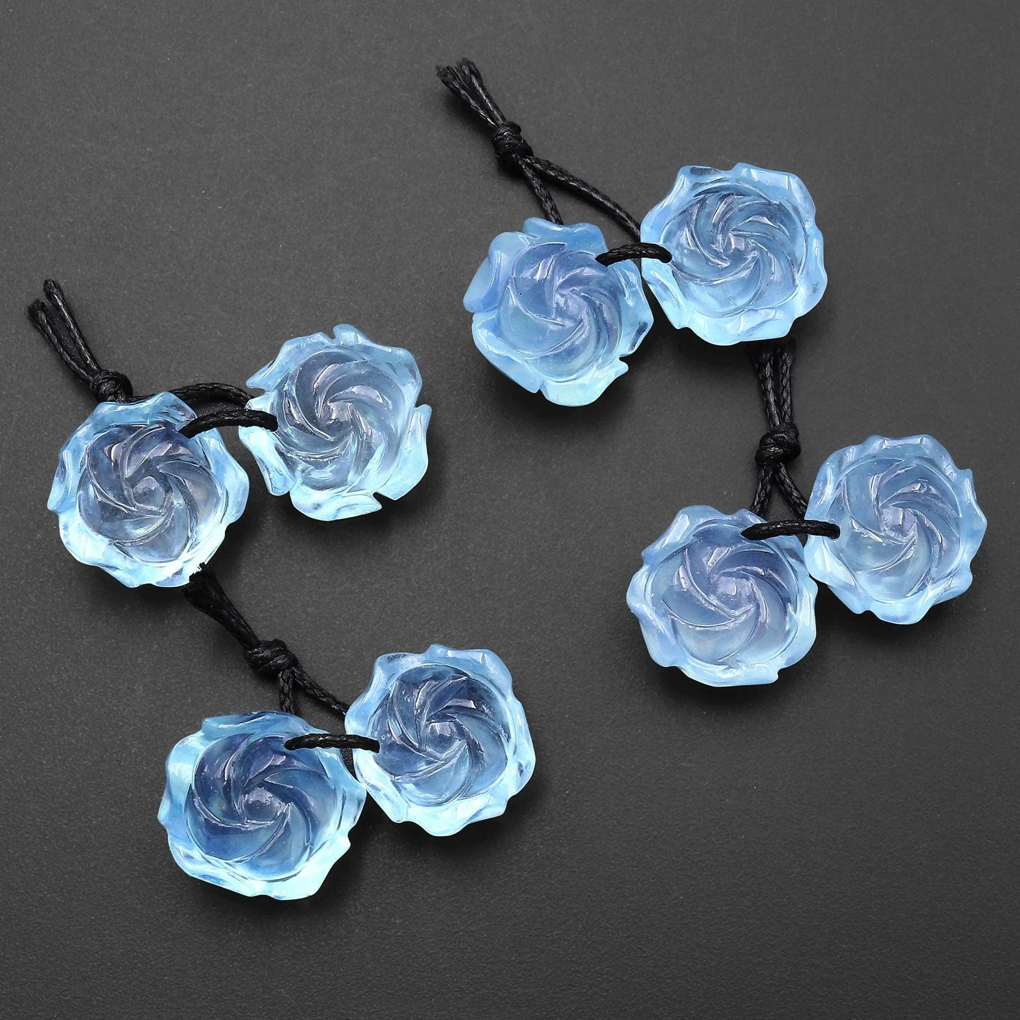 AAA Hand Carved Natural Blue Aquamarine Rose Flower Earring Pair Drilled Gemstone Matched Beads