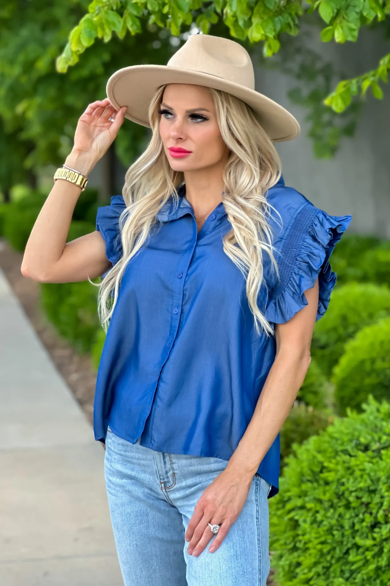 Adorable Days Ruffle Trim Button Down Top : Denim