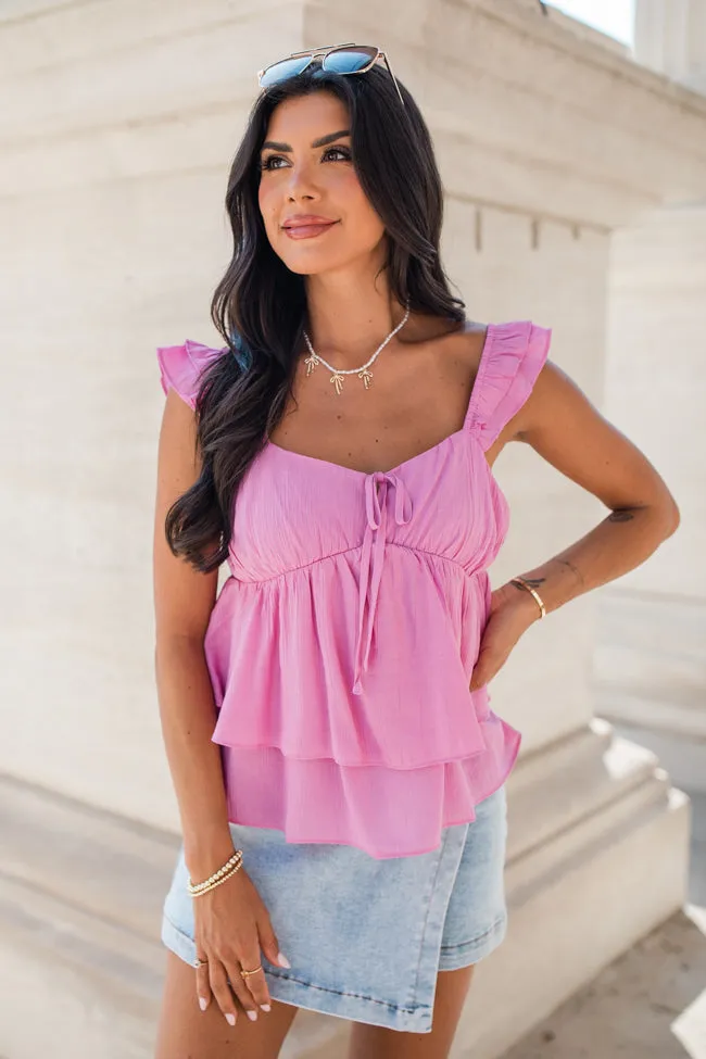 After All This Pink Ruffle Shoulder Cinched Bust Tank