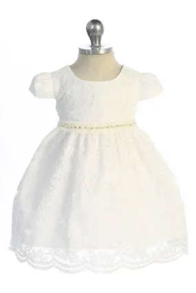 All Lace Baby Dress with V Back & Bow and Mesh Pearl Trim