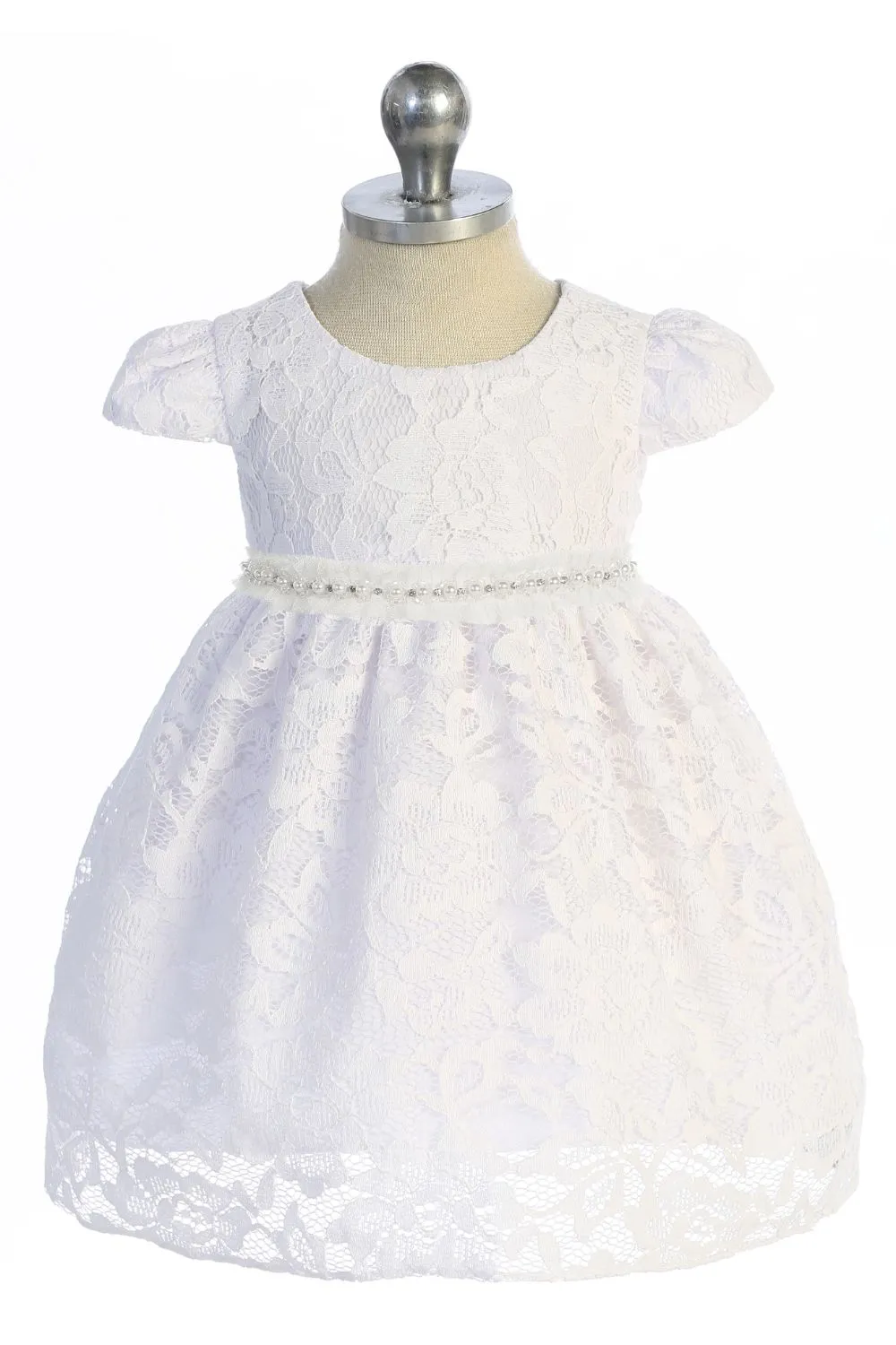 All Lace Baby Dress with V Back & Bow and Mesh Pearl Trim