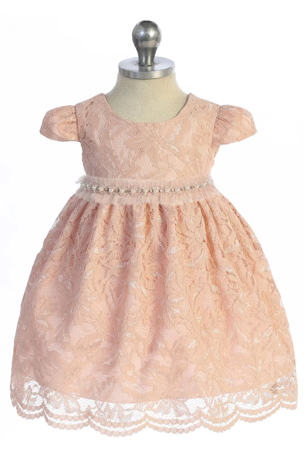 All Lace Baby Dress with V Back & Bow and Mesh Pearl Trim