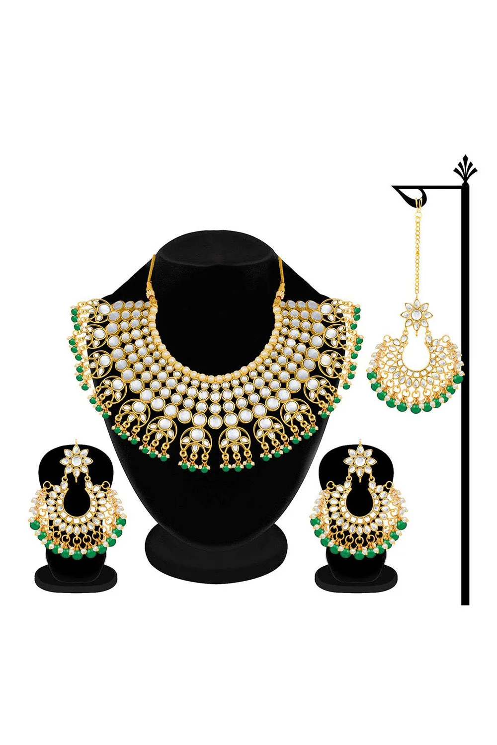 Alloy Necklace with Earrings and Maang Tikka in green