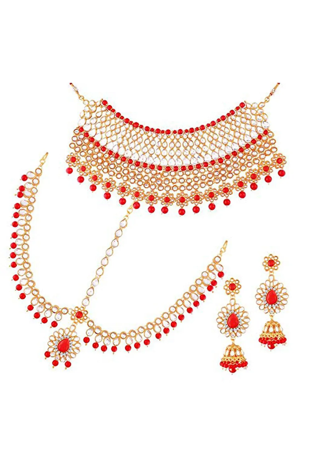 Alloy Necklace with Earrings and Maang Tikka in red