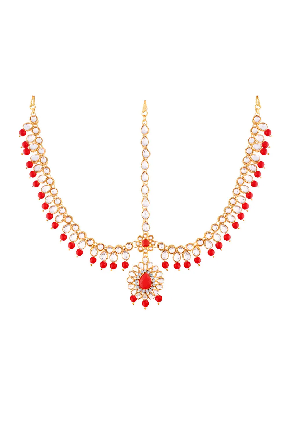 Alloy Necklace with Earrings and Maang Tikka in red