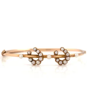 Antique Victorian Pearl Horseshoe 9ct Rose Gold Bangle Bracelet