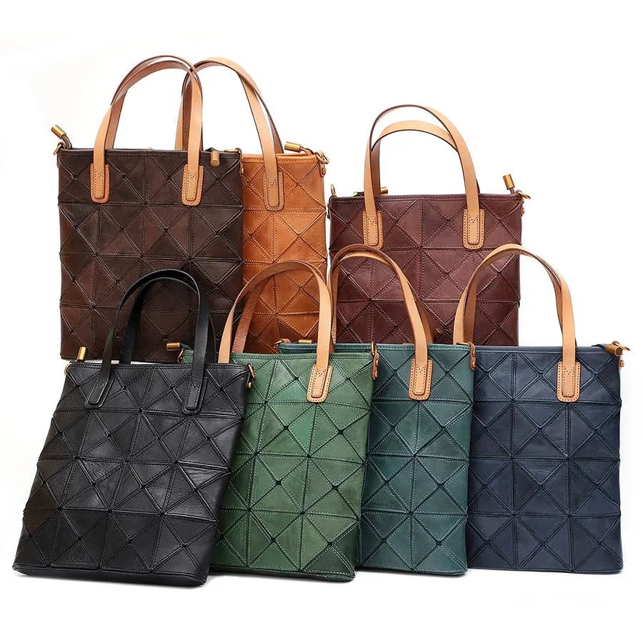 Argyle Splicing Vegetable-Tanned Leather Bag,Top Grain Leather Tote Crossbody Bag For Women