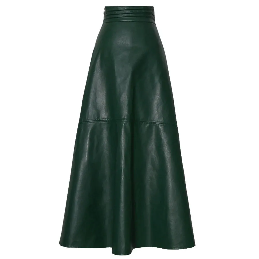 Autumn Fashion Solid PU Leather Skirt For Women High Waist Solid Minimalist Midi A Line Skirts Female Clothing