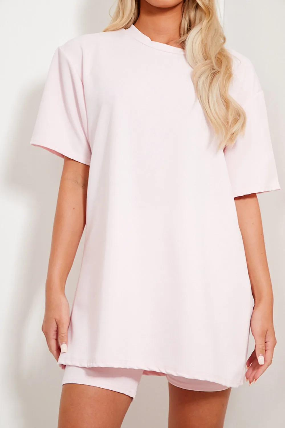 Baby Pink Oversized T-Shirt and Cycling Shorts Co-Ord Set