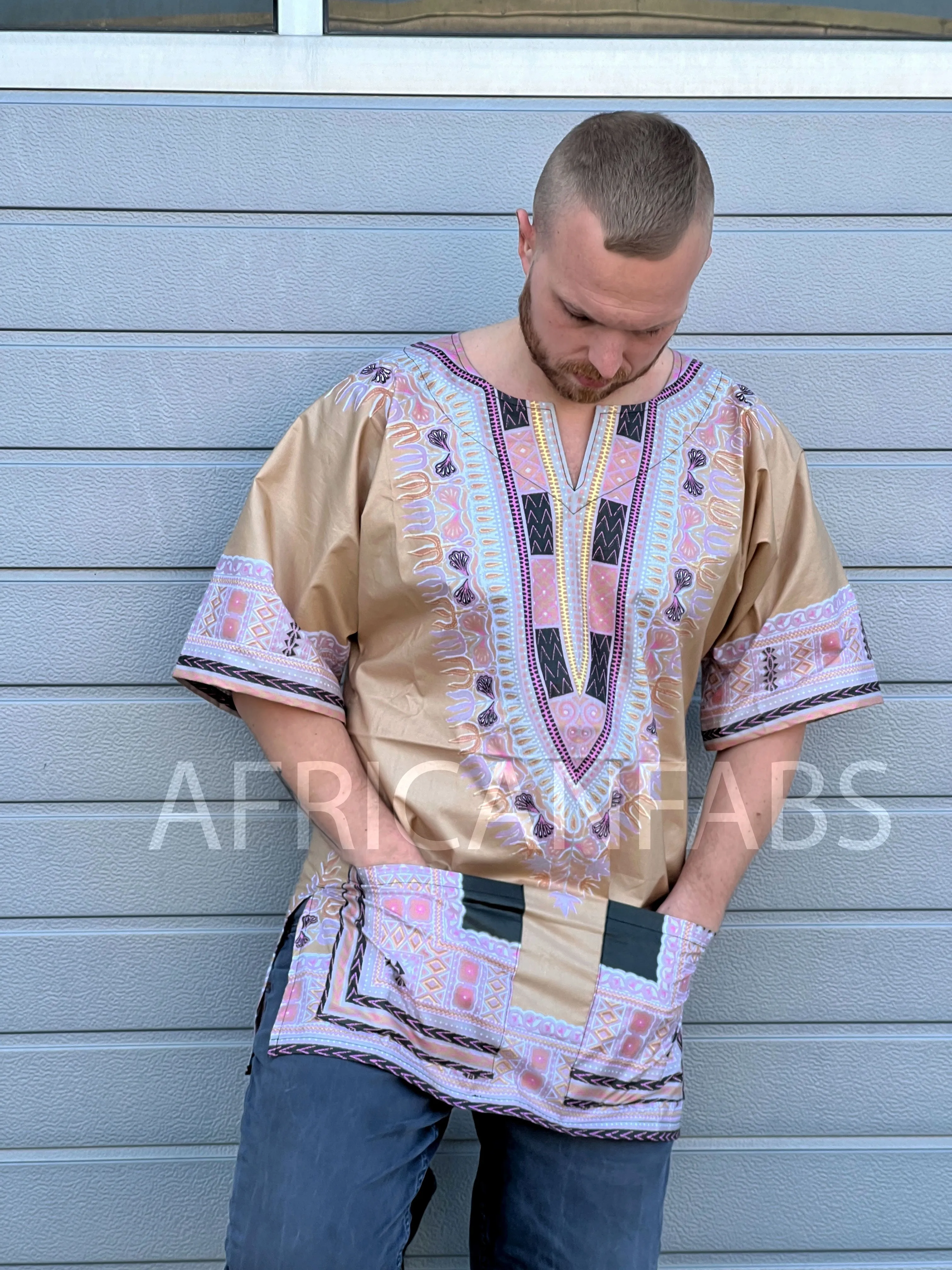 Beige Dashiki Shirt / Dashiki Dress - African print top - Unisex - Vlisco