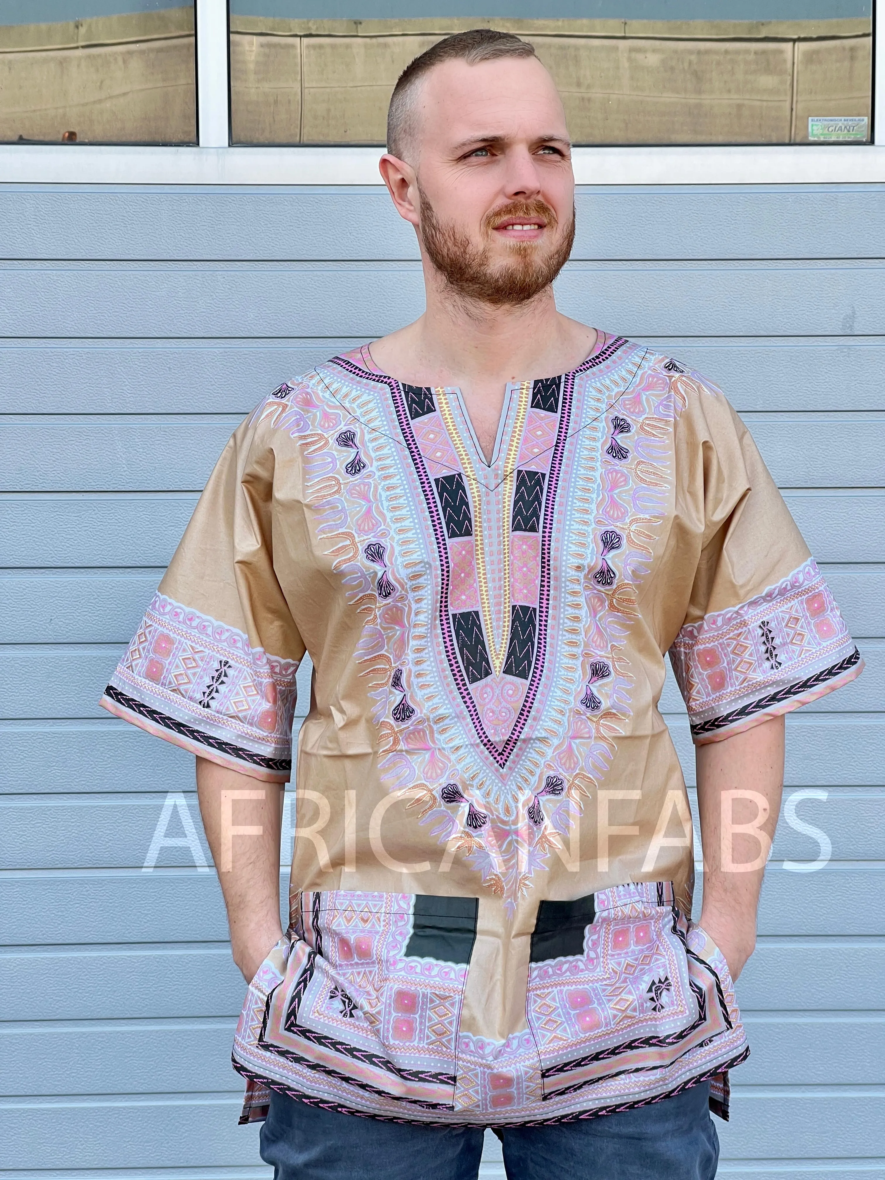 Beige Dashiki Shirt / Dashiki Dress - African print top - Unisex - Vlisco