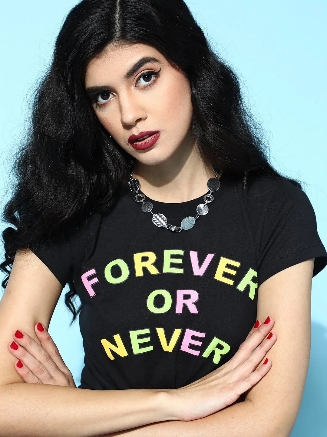 Black Forever-Or-Never Tie-Knot Crop T-Shirt