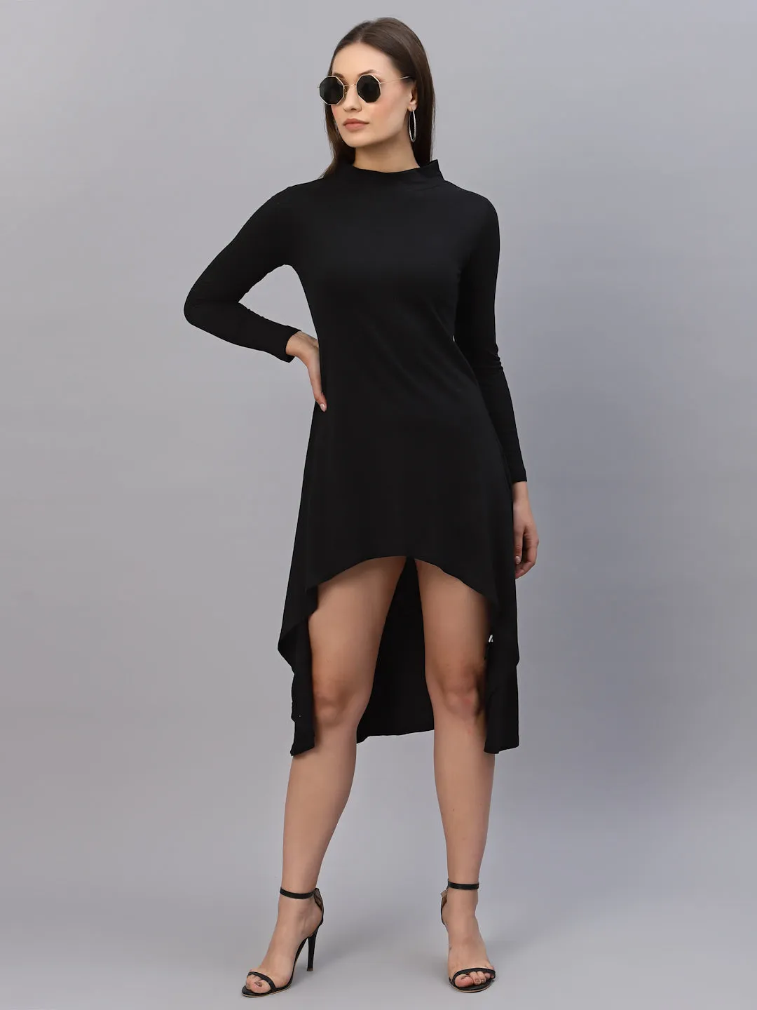 Black High-Low Full Sleeve Round Neck Dress