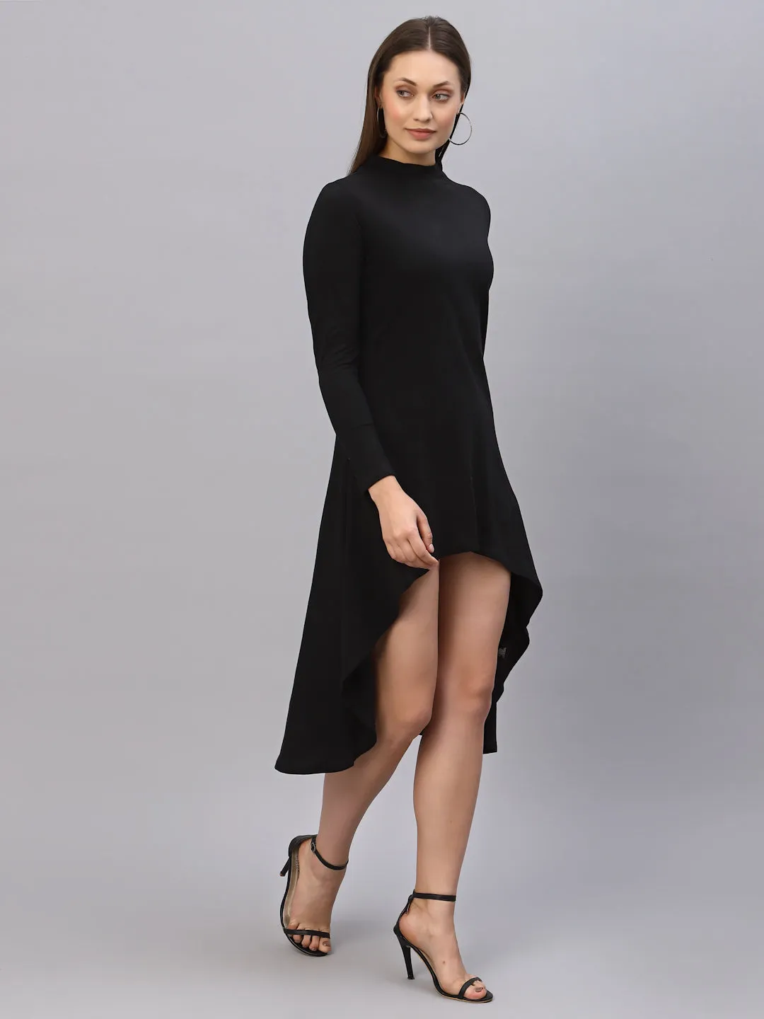 Black High-Low Full Sleeve Round Neck Dress