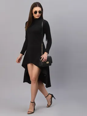 Black High-Low Full Sleeve Round Neck Dress