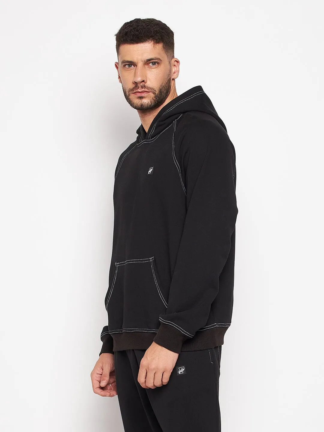 Black Oversized Contrast Stitch Hooded Sweatshirt