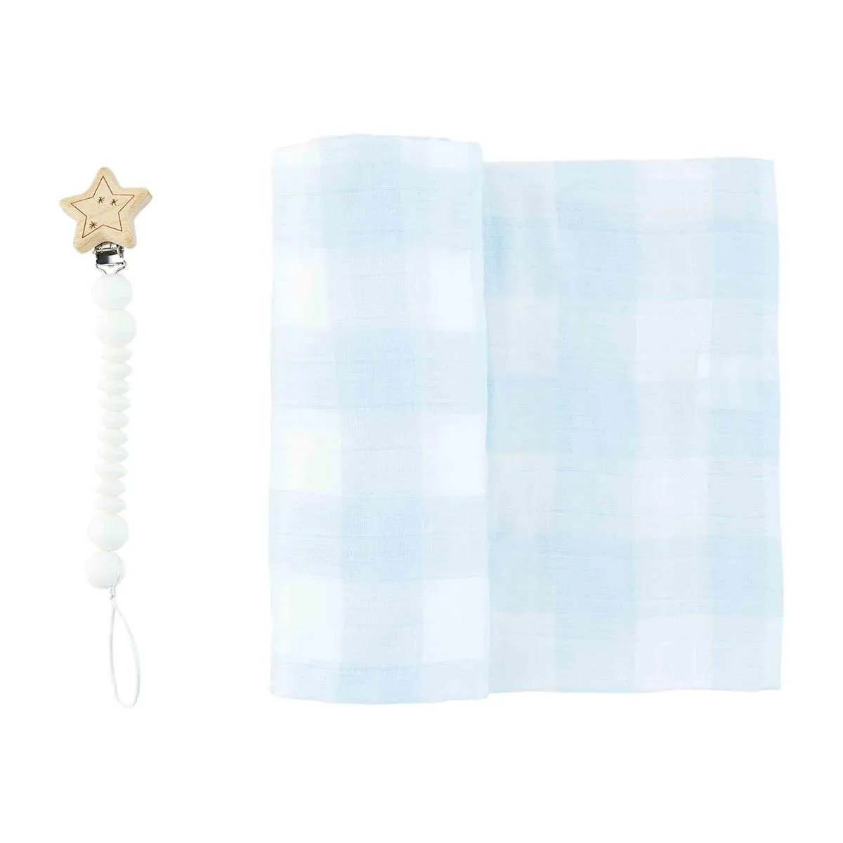 BLUE GINGHAM SWADDLE GIFT SET MUD PIE