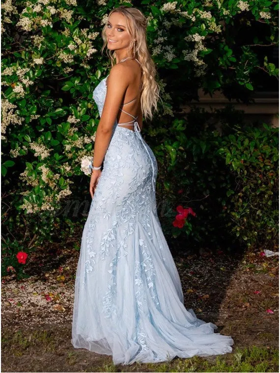 Blue Lace Prom Dresses Long, Evening Dress, Dance Dress, Graduation School Party Gown, PC0435