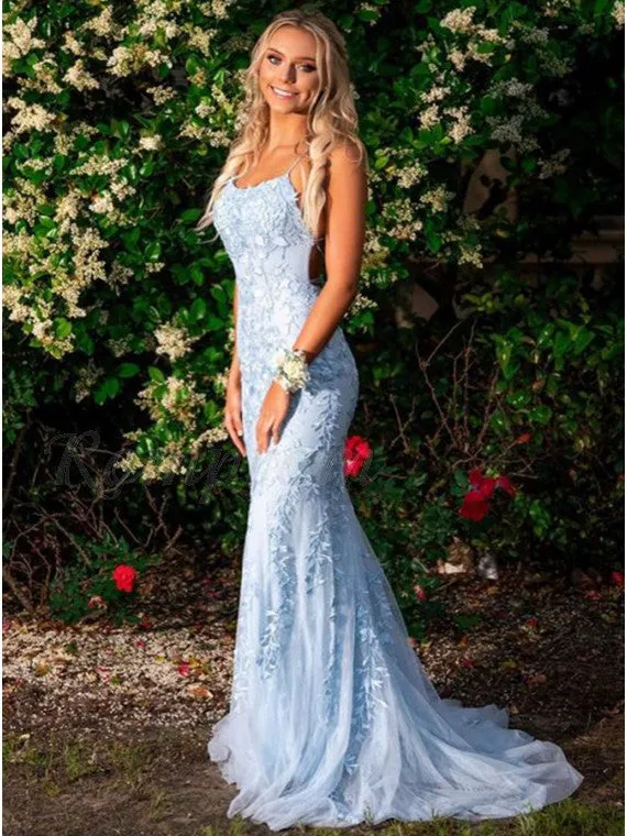 Blue Lace Prom Dresses Long, Evening Dress, Dance Dress, Graduation School Party Gown, PC0435