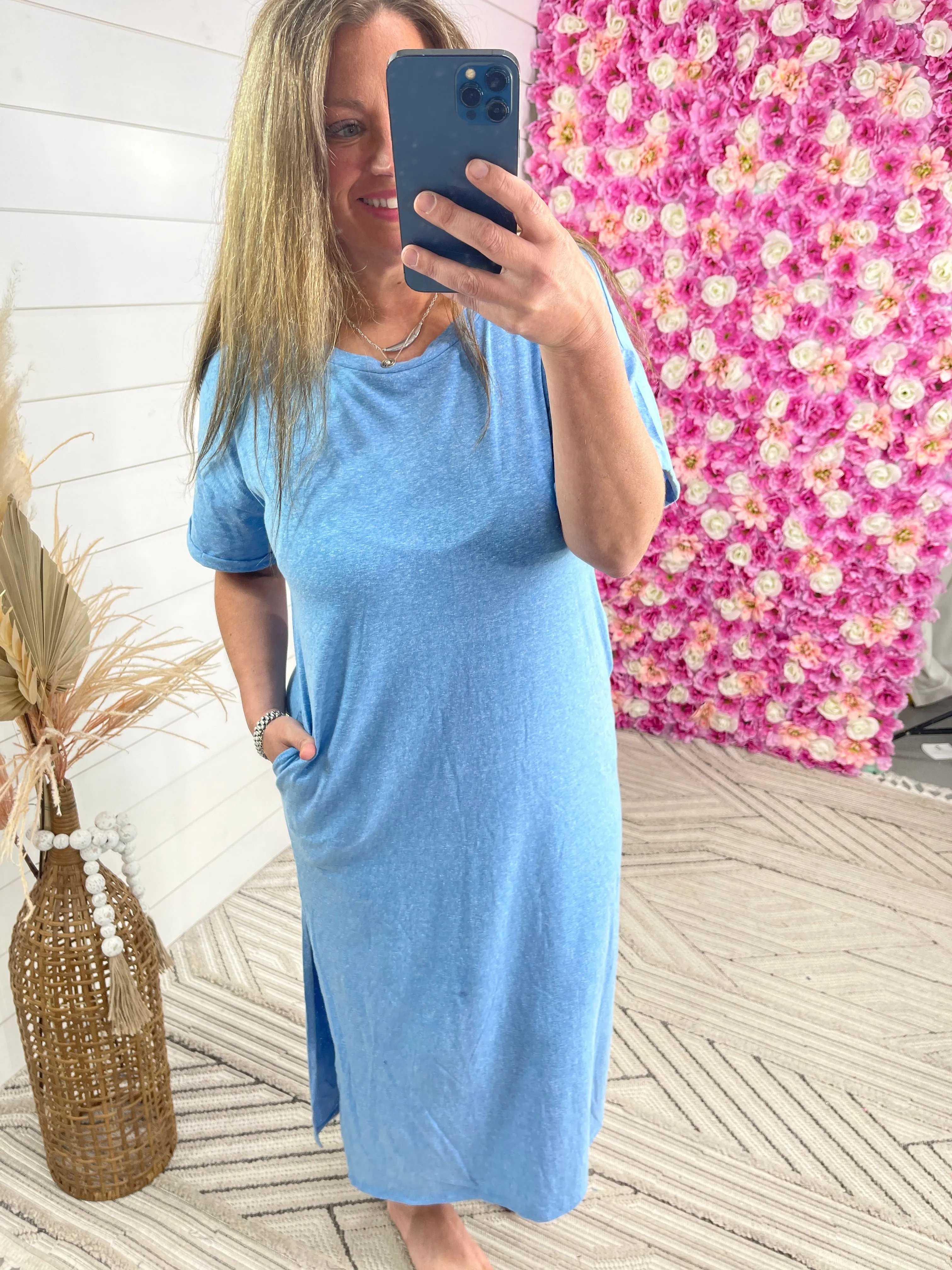 BLUE SCOOP NECK T SHIRT DRESS