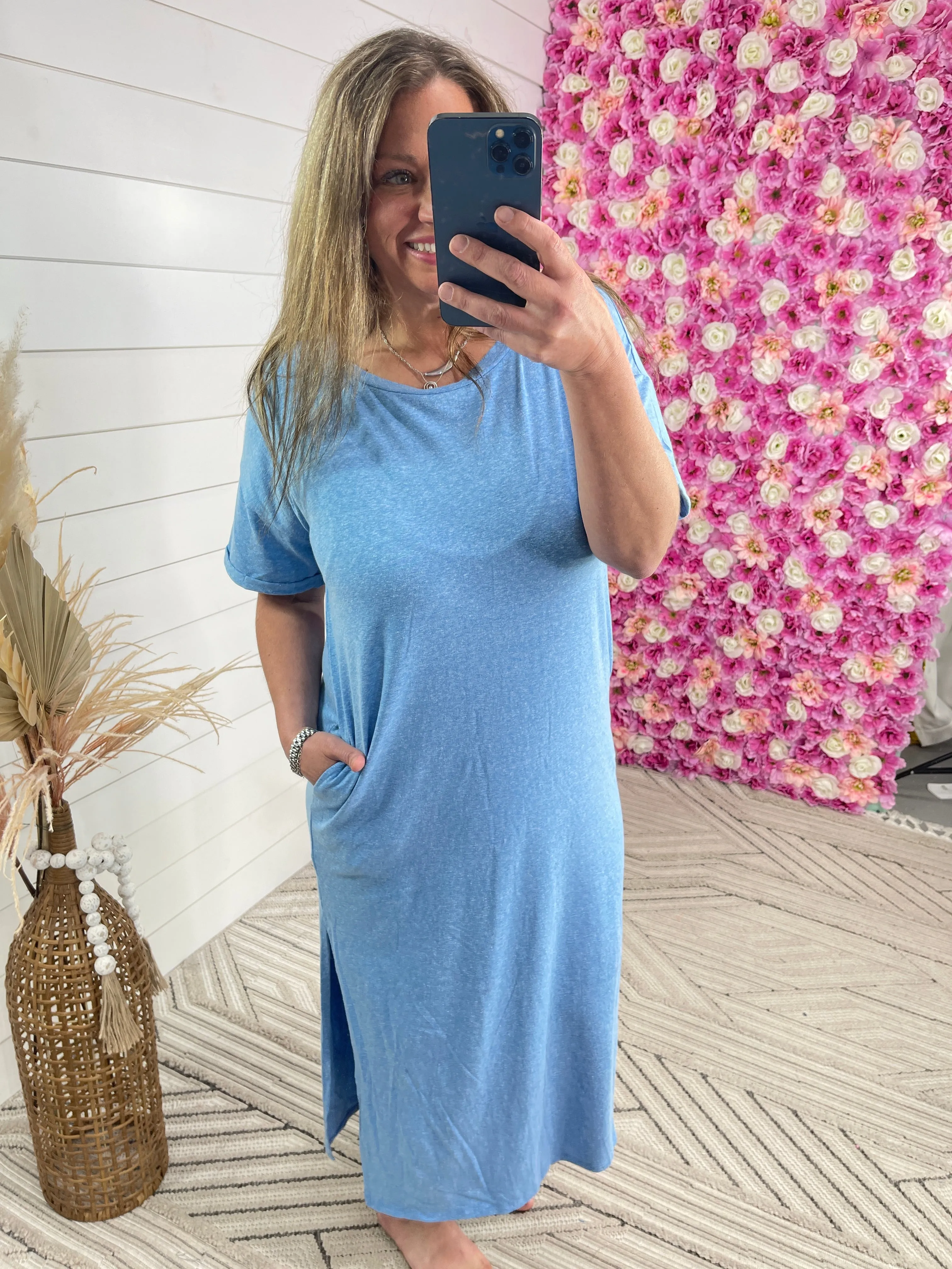 BLUE SCOOP NECK T SHIRT DRESS