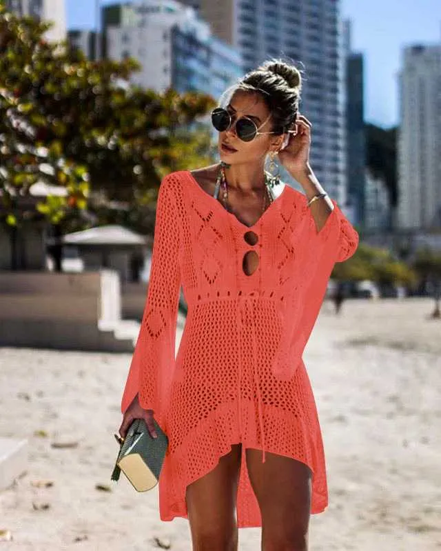 Boho High Low Puff Sleeve Crochet Beach Dress Swim Cover Ups