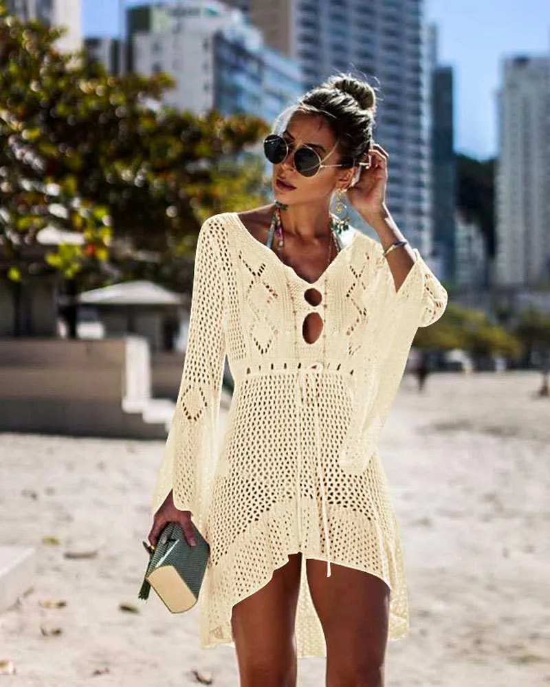 Boho High Low Puff Sleeve Crochet Beach Dress Swim Cover Ups