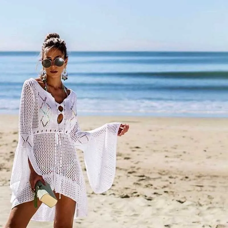 Boho High Low Puff Sleeve Crochet Beach Dress Swim Cover Ups