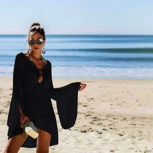 Boho High Low Puff Sleeve Crochet Beach Dress Swim Cover Ups