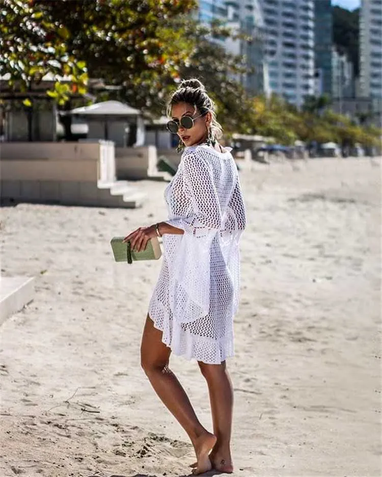 Boho High Low Puff Sleeve Crochet Beach Dress Swim Cover Ups