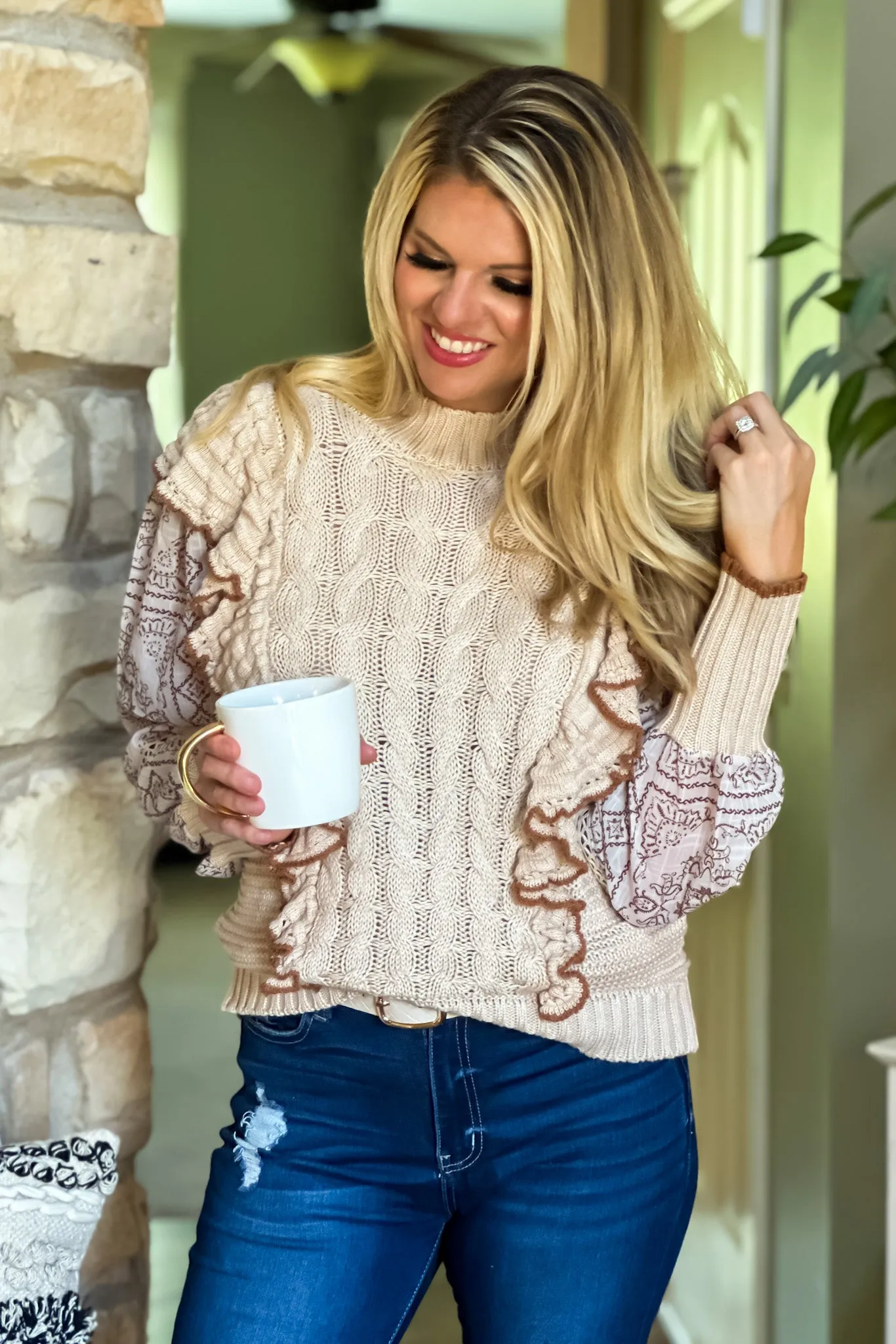 Boho Love Mixed Textile Ruffle Trimmed Sweater : Taupe