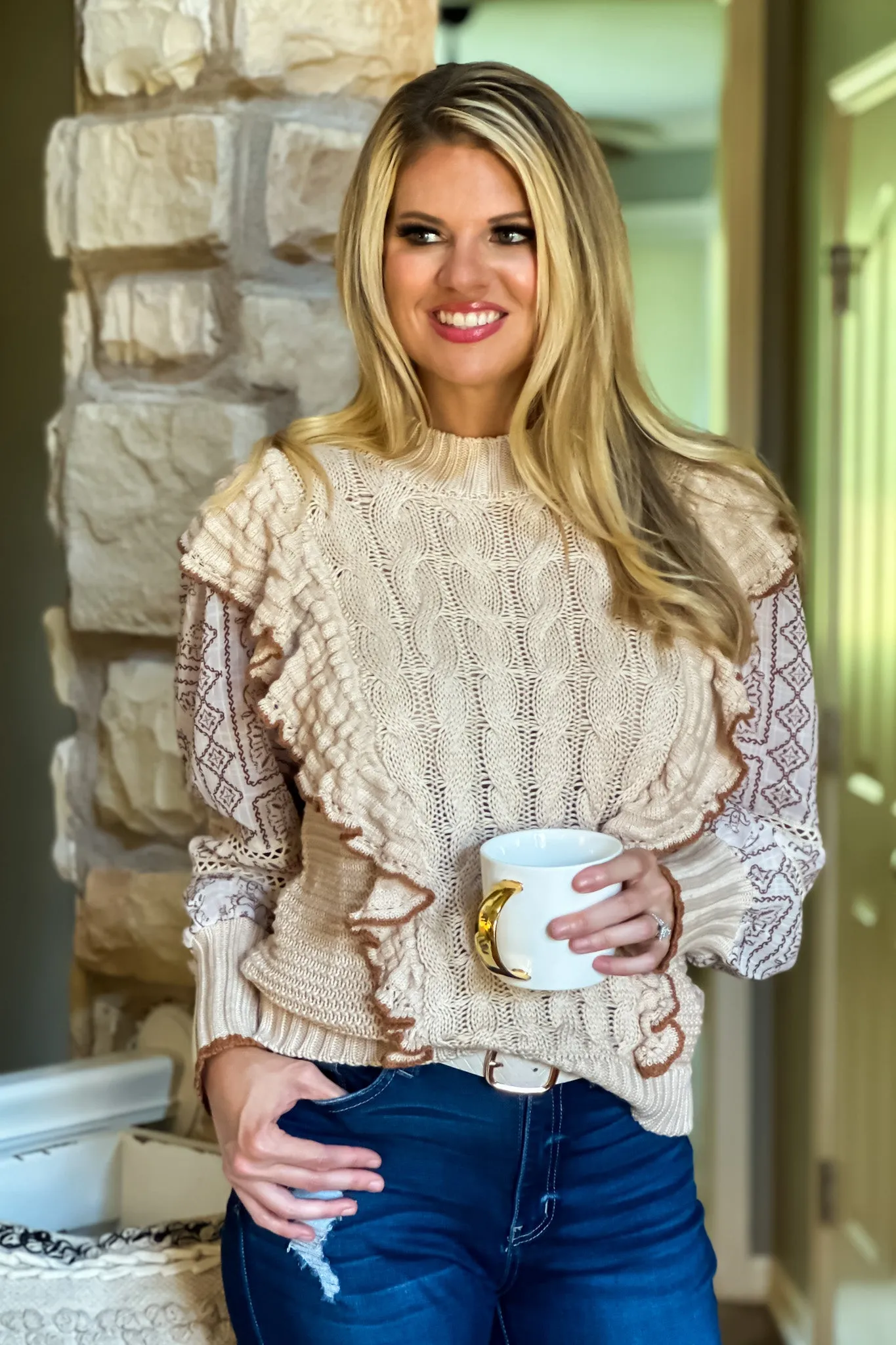 Boho Love Mixed Textile Ruffle Trimmed Sweater : Taupe