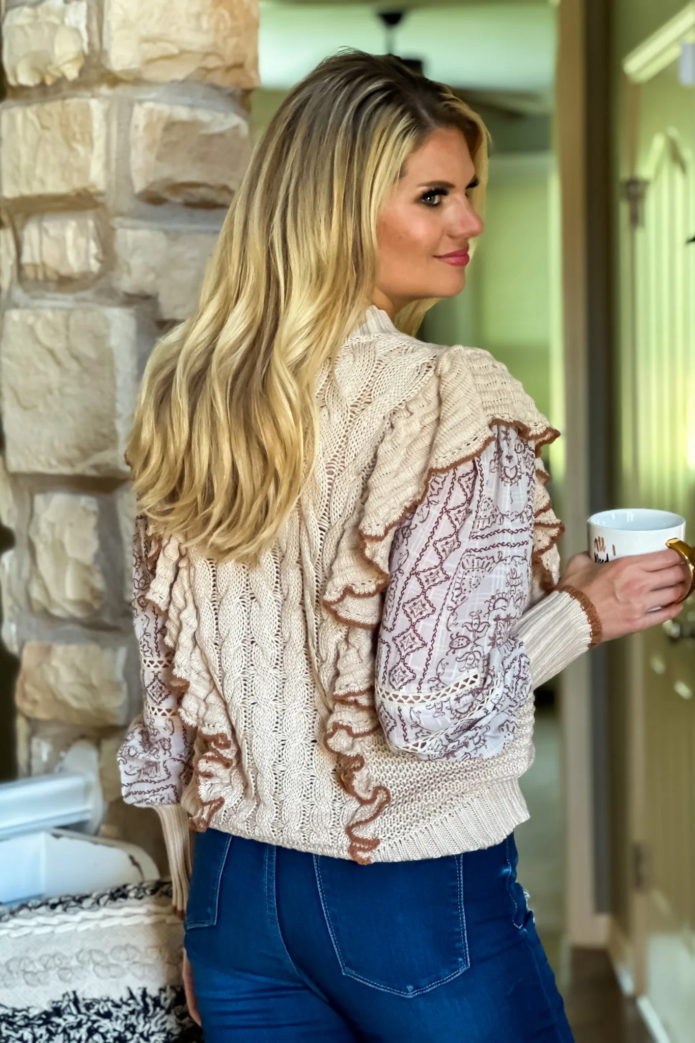 Boho Love Mixed Textile Ruffle Trimmed Sweater : Taupe