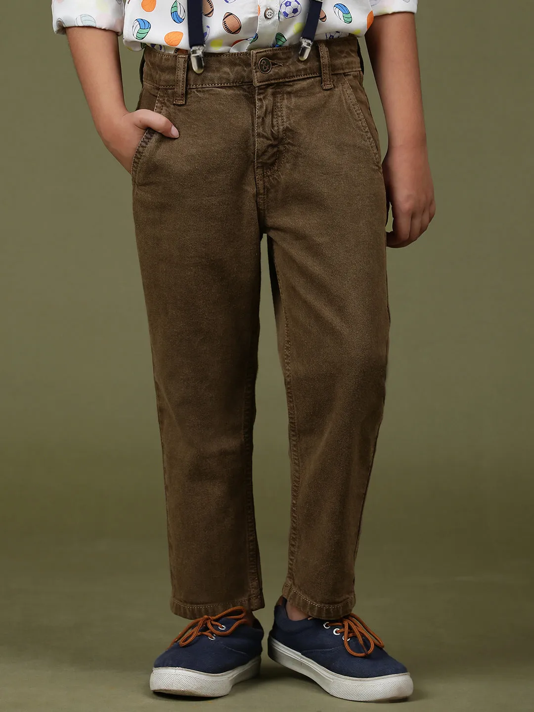 Boys Brown Lycra Blend Slim Fit Solid Trouser With Suspender