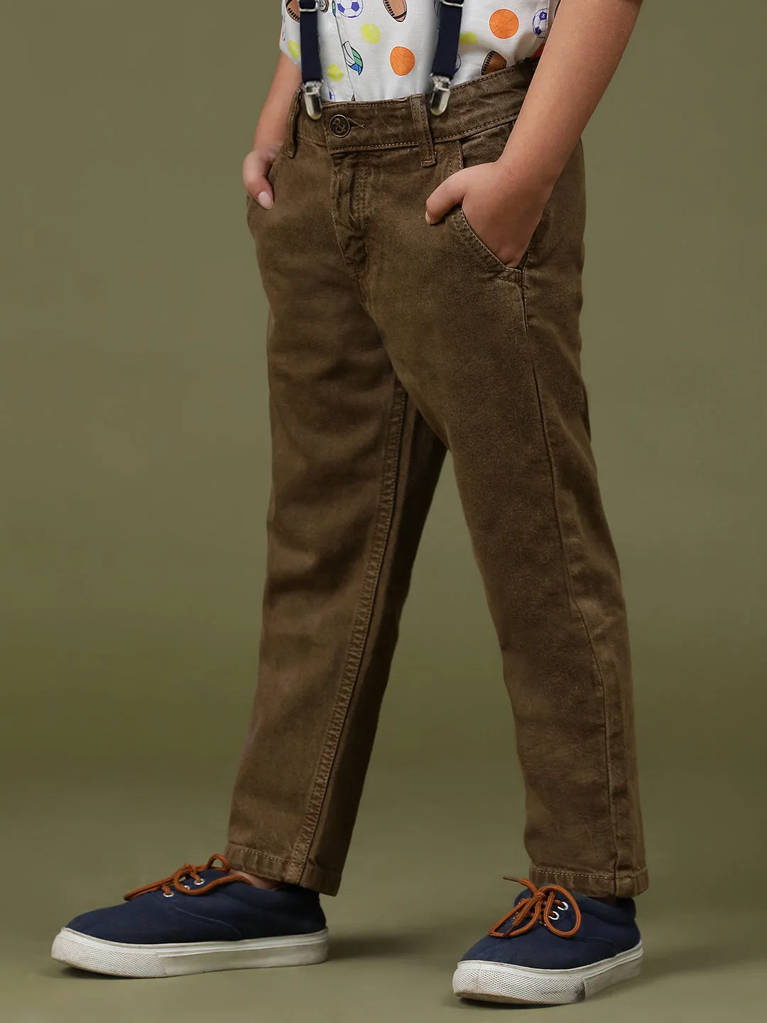 Boys Brown Lycra Blend Slim Fit Solid Trouser With Suspender