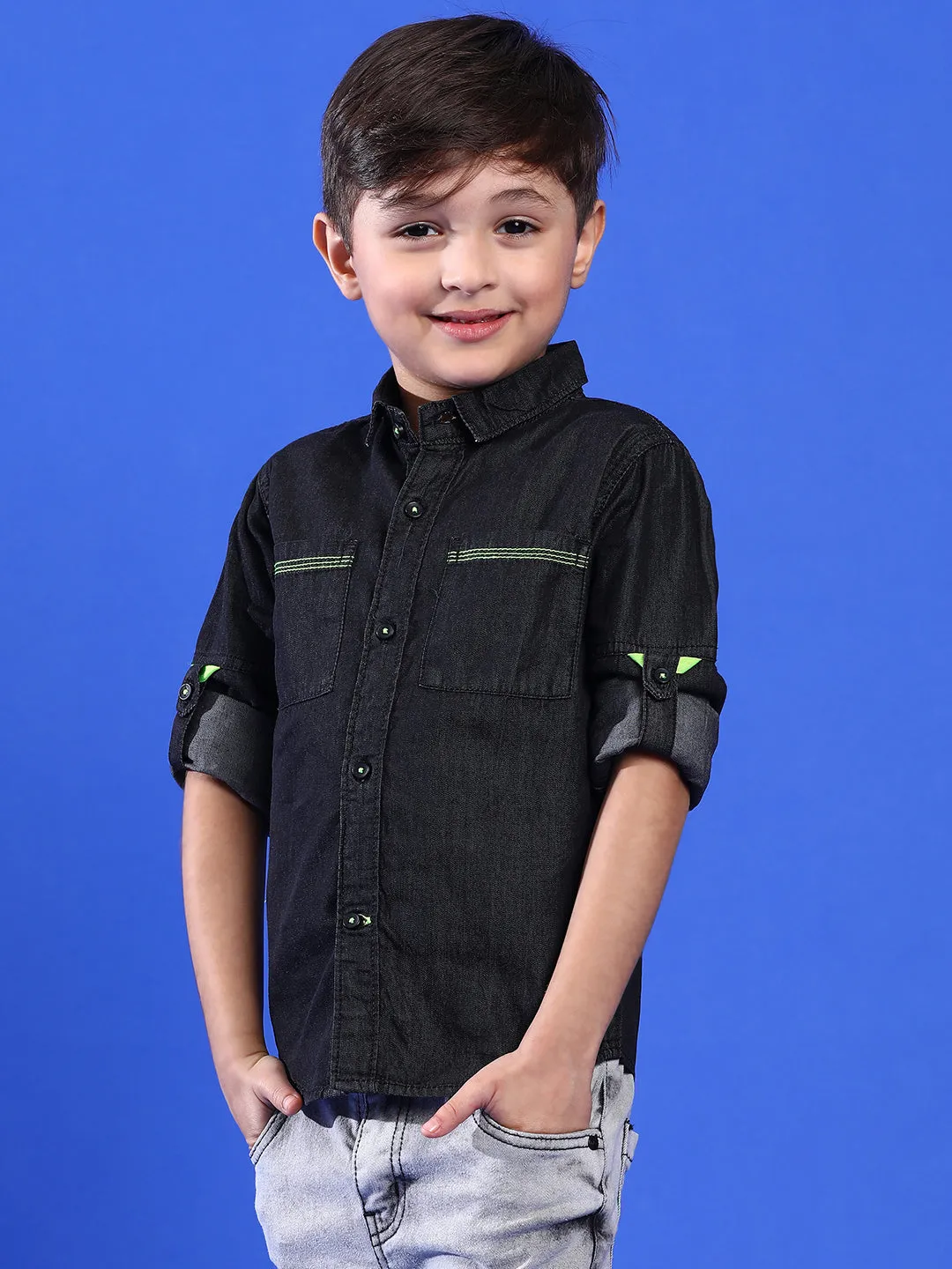 Boys Solid Black Cotton Regular Fit Full Sleeve Shirt