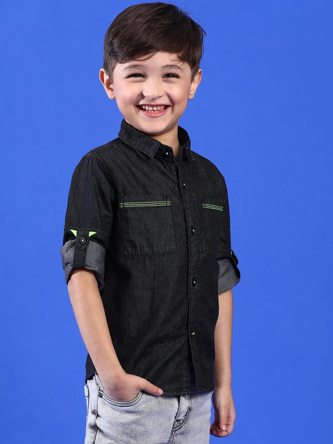 Boys Solid Black Cotton Regular Fit Full Sleeve Shirt