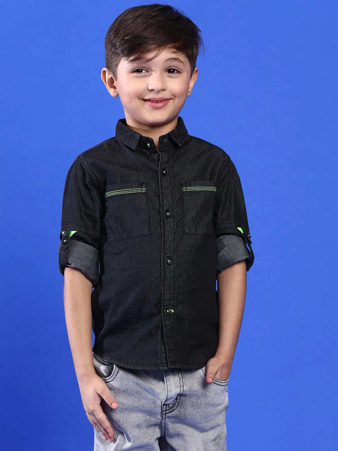 Boys Solid Black Cotton Regular Fit Full Sleeve Shirt